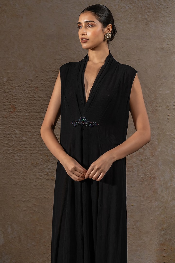 Black Chiffon Hand Embroidered Jacket Party Wear Dress by Tarun Tahiliani at Pernia's Pop Up Shop