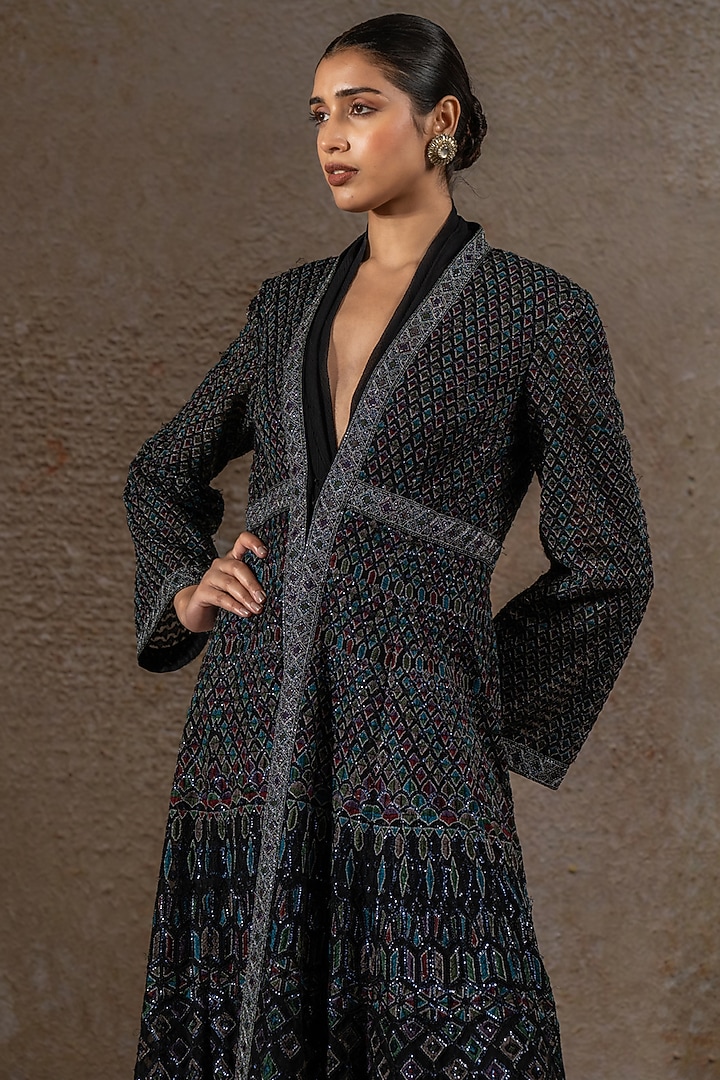Black Chiffon Hand Embroidered Jacket Party Wear Dress by Tarun Tahiliani at Pernia's Pop Up Shop