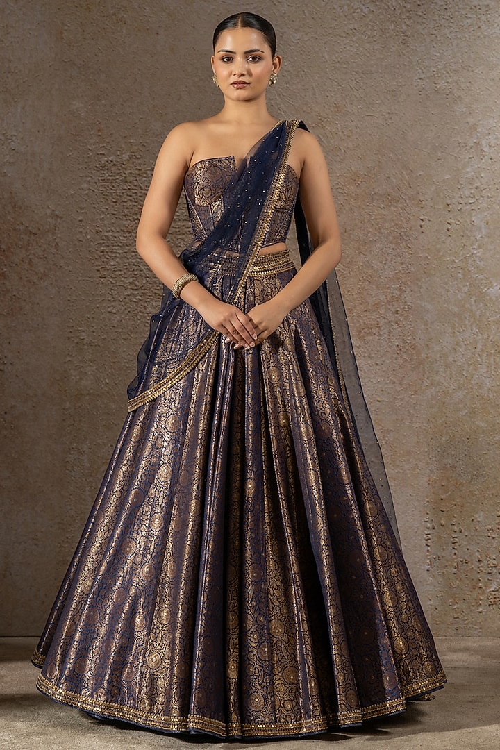 Blue Brocade Bridal Lehenga Set by Tarun Tahiliani at Pernia's Pop Up Shop