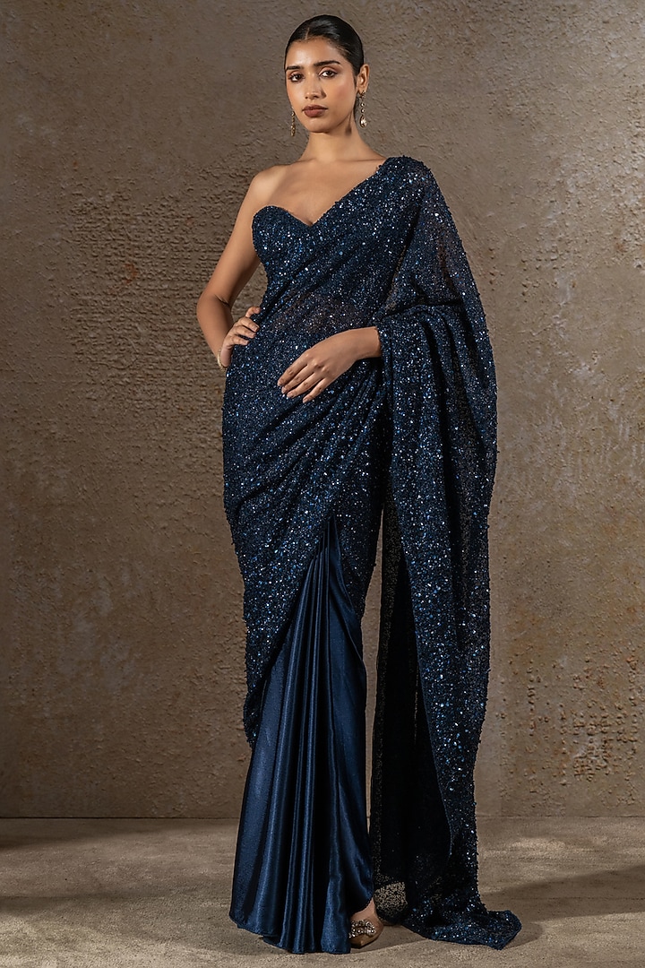 Blue Satin Sequins Embroidered Bridal Saree Set by Tarun Tahiliani at Pernia's Pop Up Shop