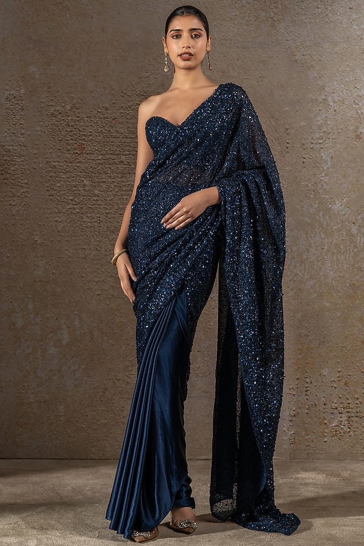 Blue Satin Sequins Embroidered Bridal Saree Set by Tarun Tahiliani at Pernia's Pop Up Shop