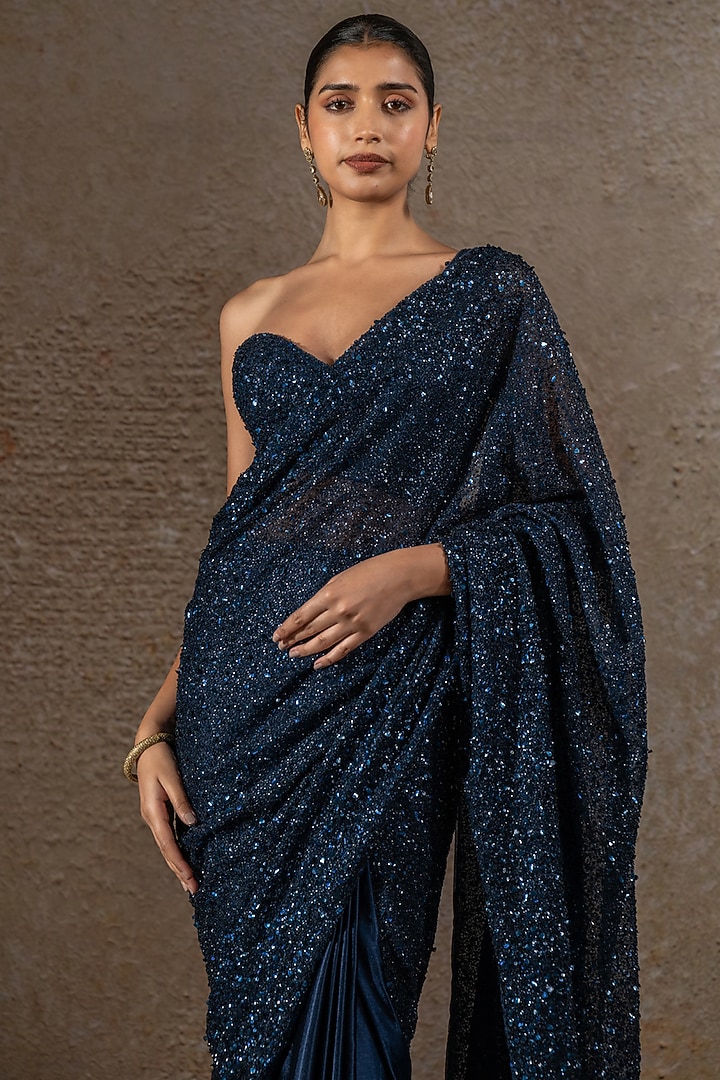 Blue Satin Sequins Embroidered Bridal Saree Set by Tarun Tahiliani at Pernia's Pop Up Shop