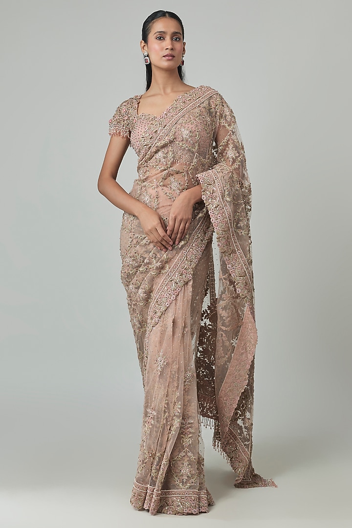 Salmon Pink Tulle Embroidered Bridal Saree Set by Tarun Tahiliani at Pernia's Pop Up Shop