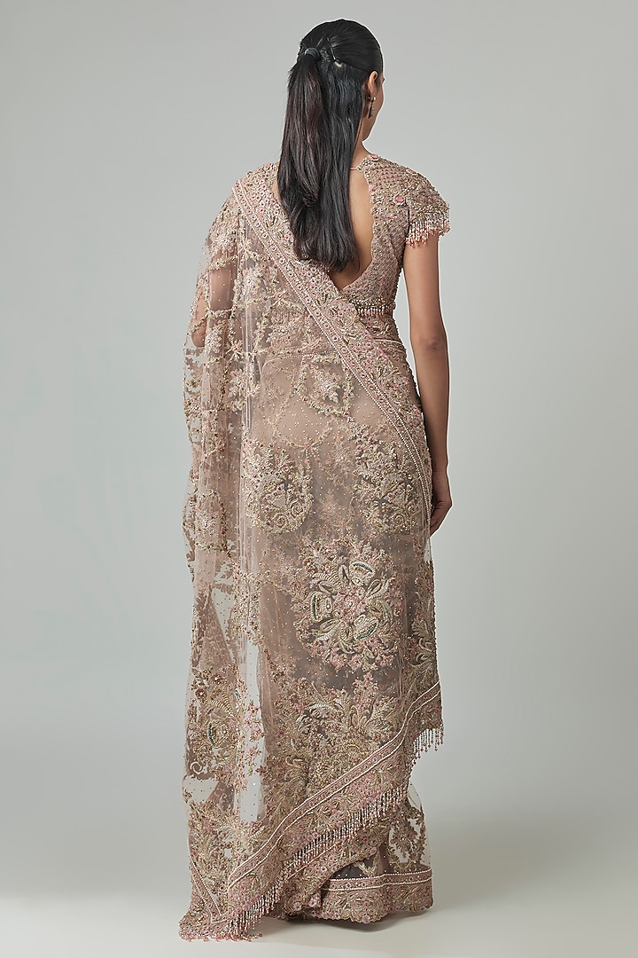 Salmon Pink Tulle Embroidered Bridal Saree Set by Tarun Tahiliani at Pernia's Pop Up Shop