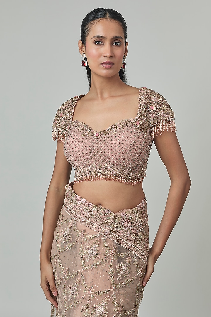 Salmon Pink Tulle Embroidered Bridal Saree Set by Tarun Tahiliani at Pernia's Pop Up Shop