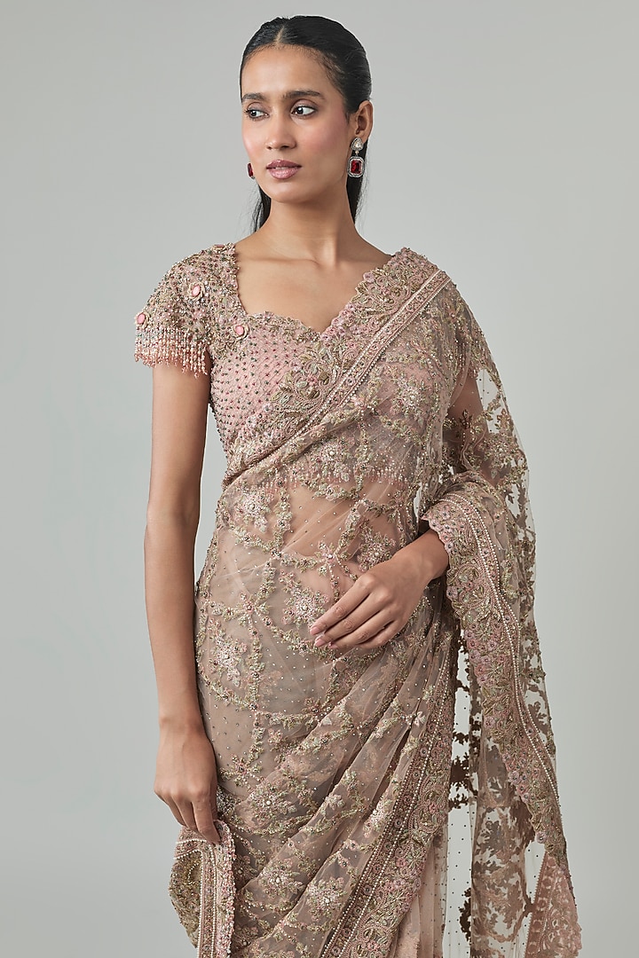 Salmon Pink Tulle Embroidered Bridal Saree Set by Tarun Tahiliani at Pernia's Pop Up Shop
