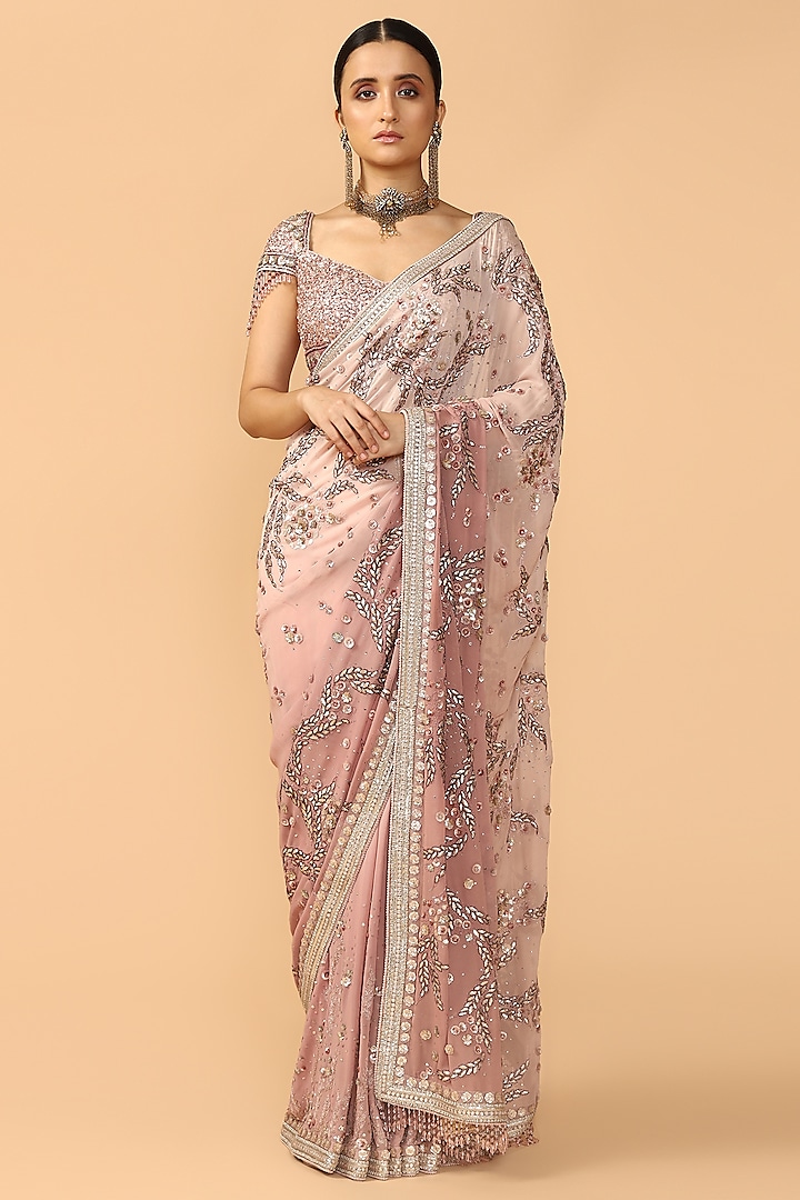 Old Rose Pink Embroidered Saree Set by Tarun Tahiliani