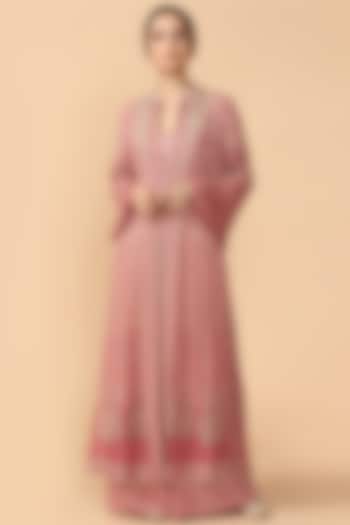 Pink Printed Embroidered Jacket With Palazzo Pants & Bustier by Tarun Tahiliani at Pernia's Pop Up Shop