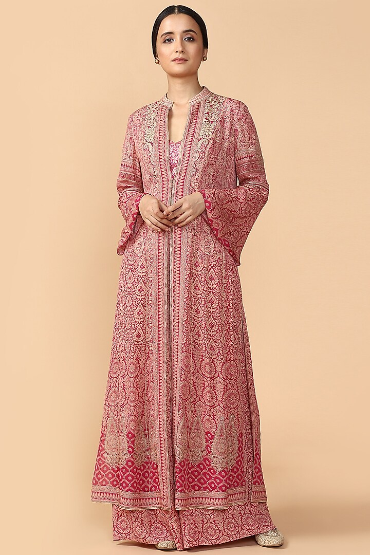 Pink Printed Embroidered Jacket With Palazzo Pants & Bustier by Tarun Tahiliani
