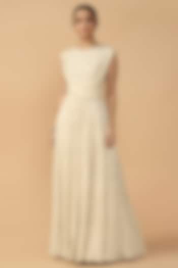 Ivory Printed Draped Bridal Anarkali With Pants by Tarun Tahiliani at Pernia's Pop Up Shop