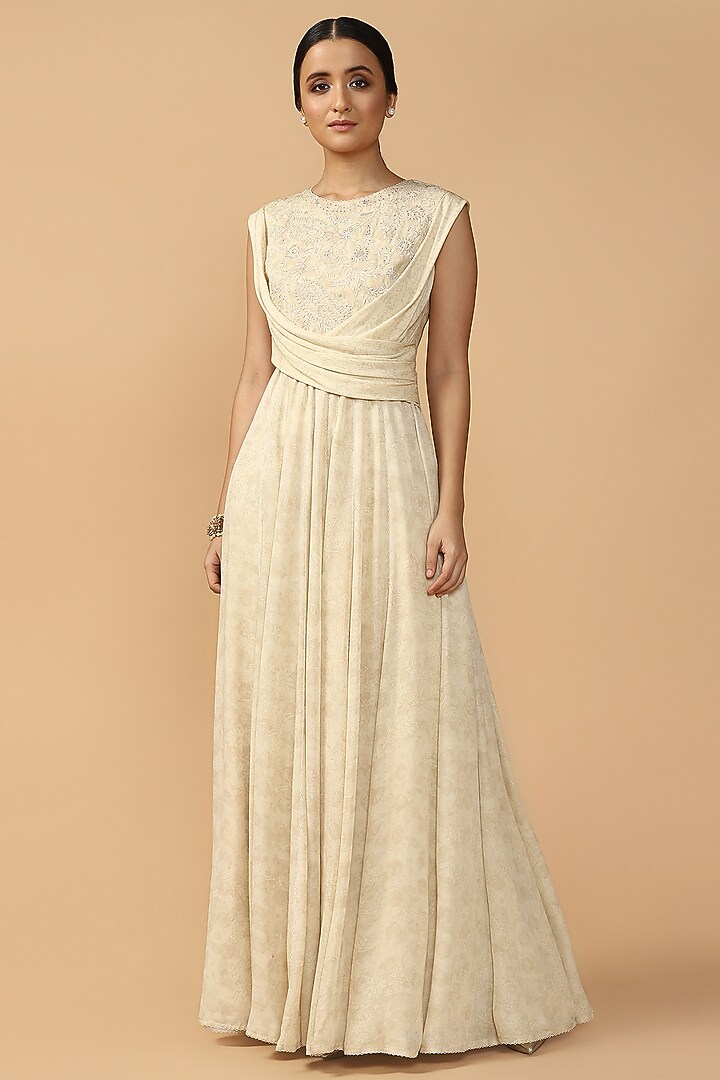 Ivory Printed Draped Bridal Anarkali With Pants by Tarun Tahiliani at Pernia's Pop Up Shop