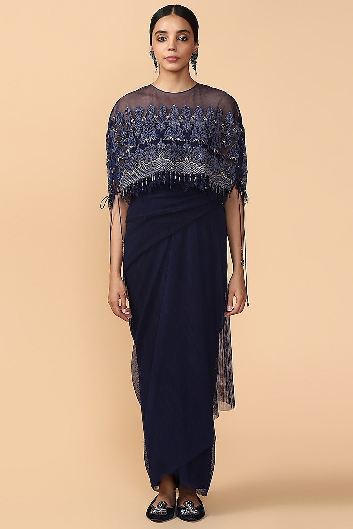Navy Blue Embroidered Cape With Slip by Tarun Tahiliani