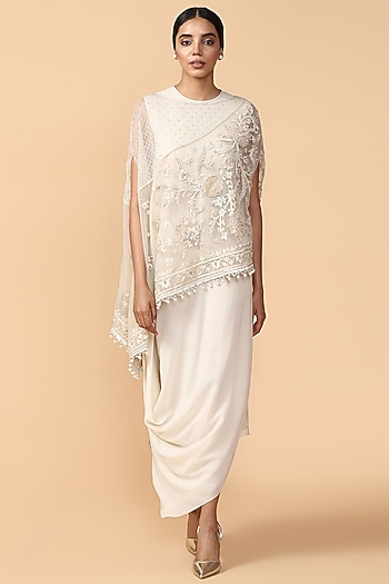 Ivory Embroidered Cape With Slip by Tarun Tahiliani