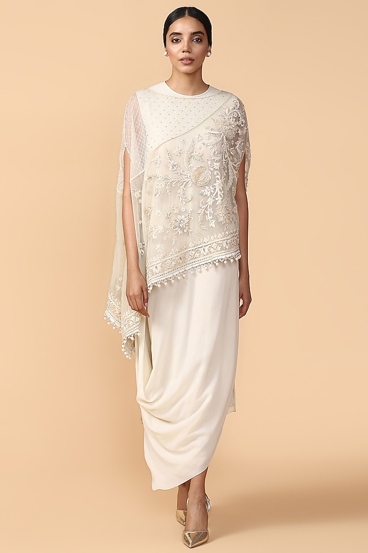 Ivory Embroidered Cape With Slip by Tarun Tahiliani
