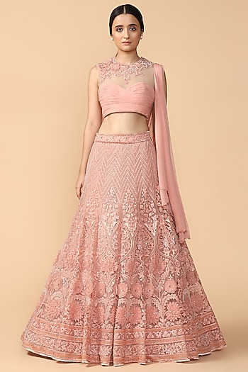 Peach Embroidered Draped Lehenga Set by Tarun Tahiliani