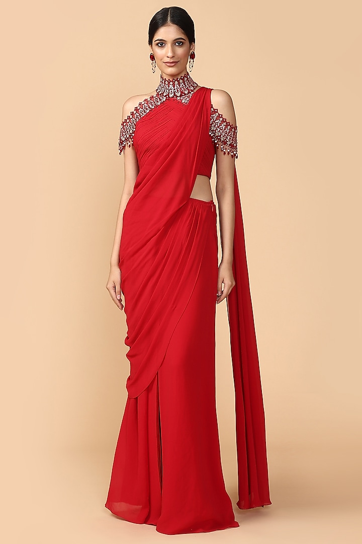 Red Embroidered Pre-Draped Saree Set by Tarun Tahiliani