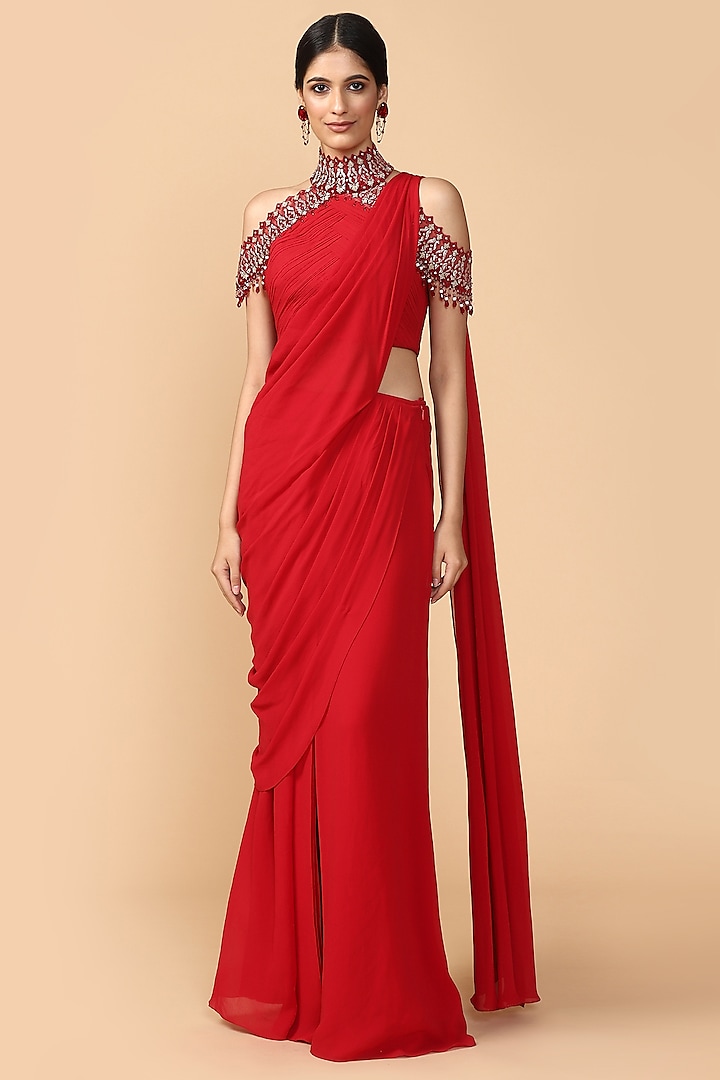 Red Embroidered Pre-Draped Saree Set by Tarun Tahiliani at Pernia's Pop Up Shop