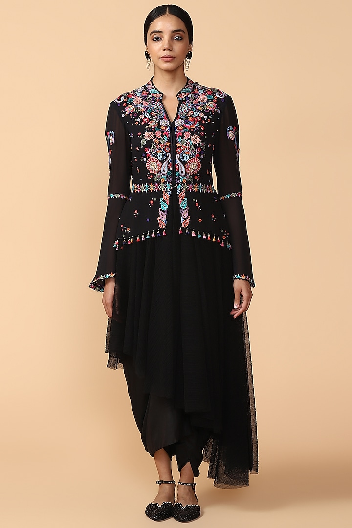 Black Embroidered Draped Kurta With Dhoti Pants by Tarun Tahiliani