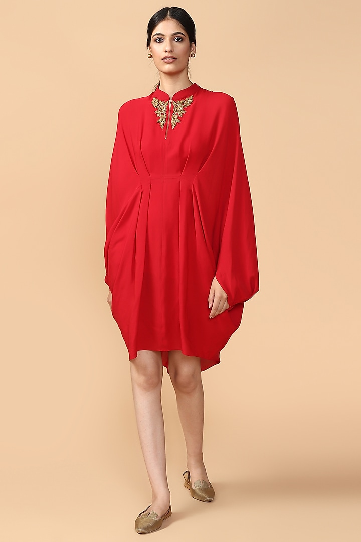 Red Embroidered Kimono Tunic With Slip by Tarun Tahiliani