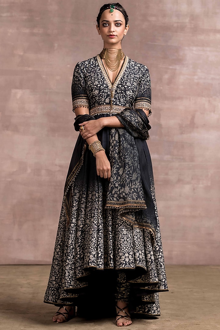 Black Embroidered High-Low Anarkali Set by Tarun Tahiliani