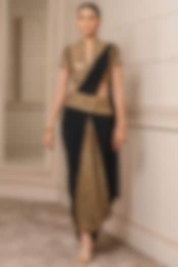 Black Georgette Pre-Draped Saree Set by Tarun Tahiliani