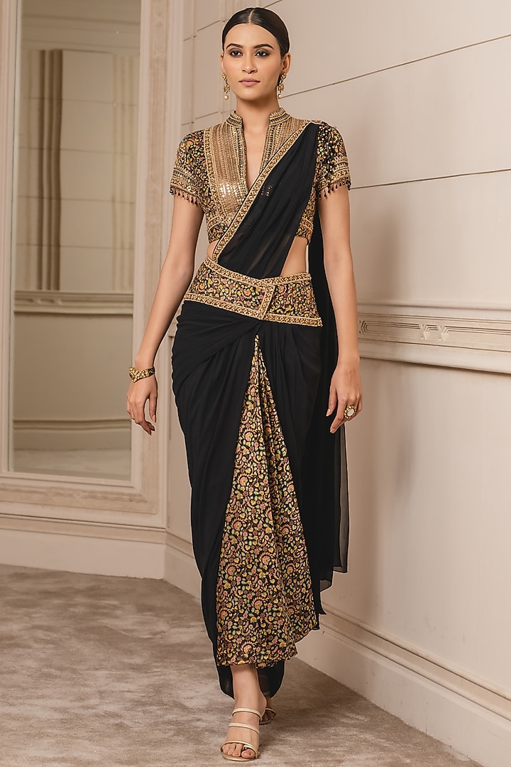 Black Georgette Pre-Draped Saree Set by Tarun Tahiliani