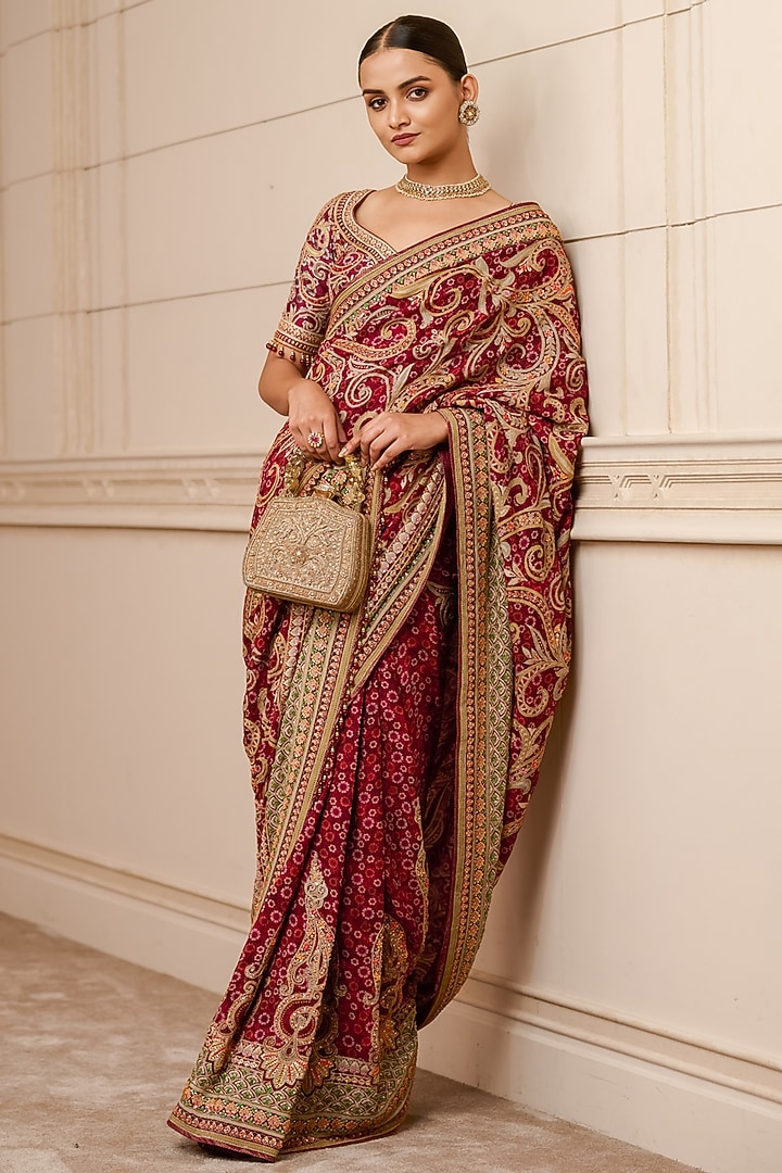 Maroon Embroidered Bridal Saree Set by Tarun Tahiliani at Pernia's Pop Up Shop