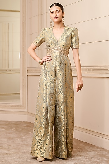 Oyster Brocade Jumpsuit by Tarun Tahiliani