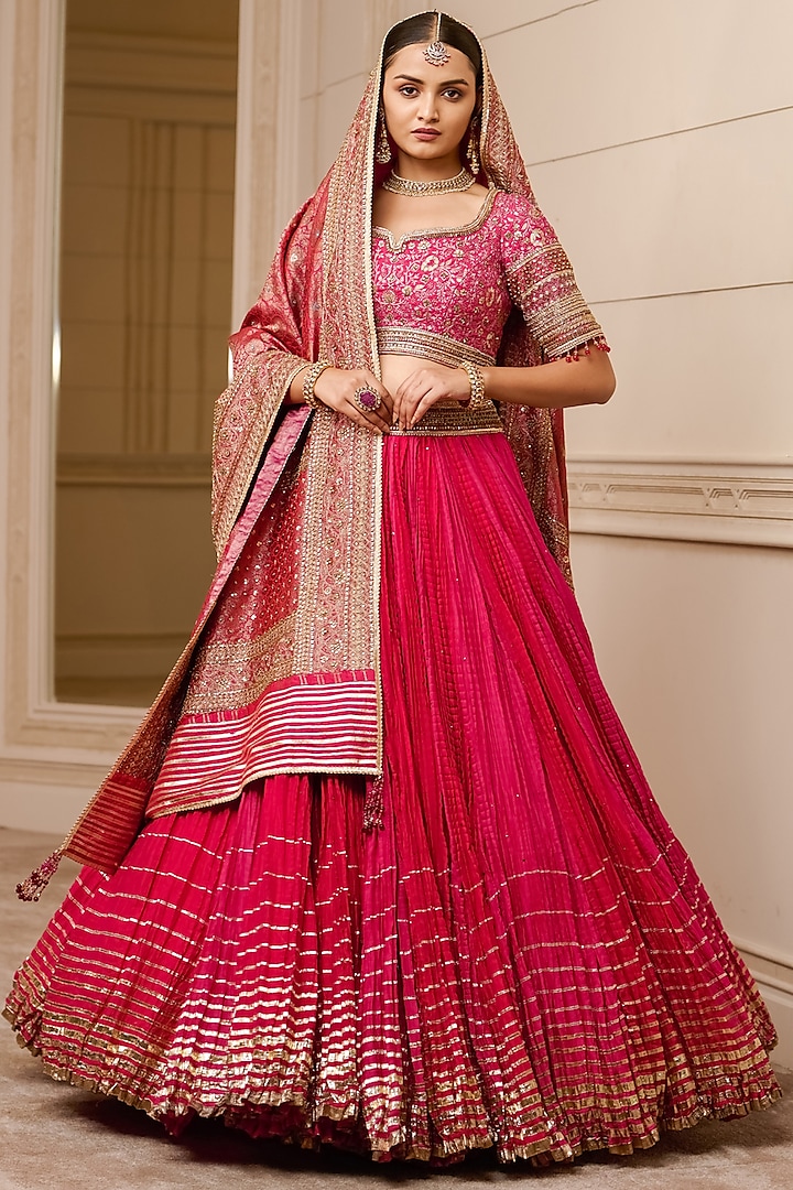 Fuchsia Crushed Chanderi Lehenga Set by Tarun Tahiliani