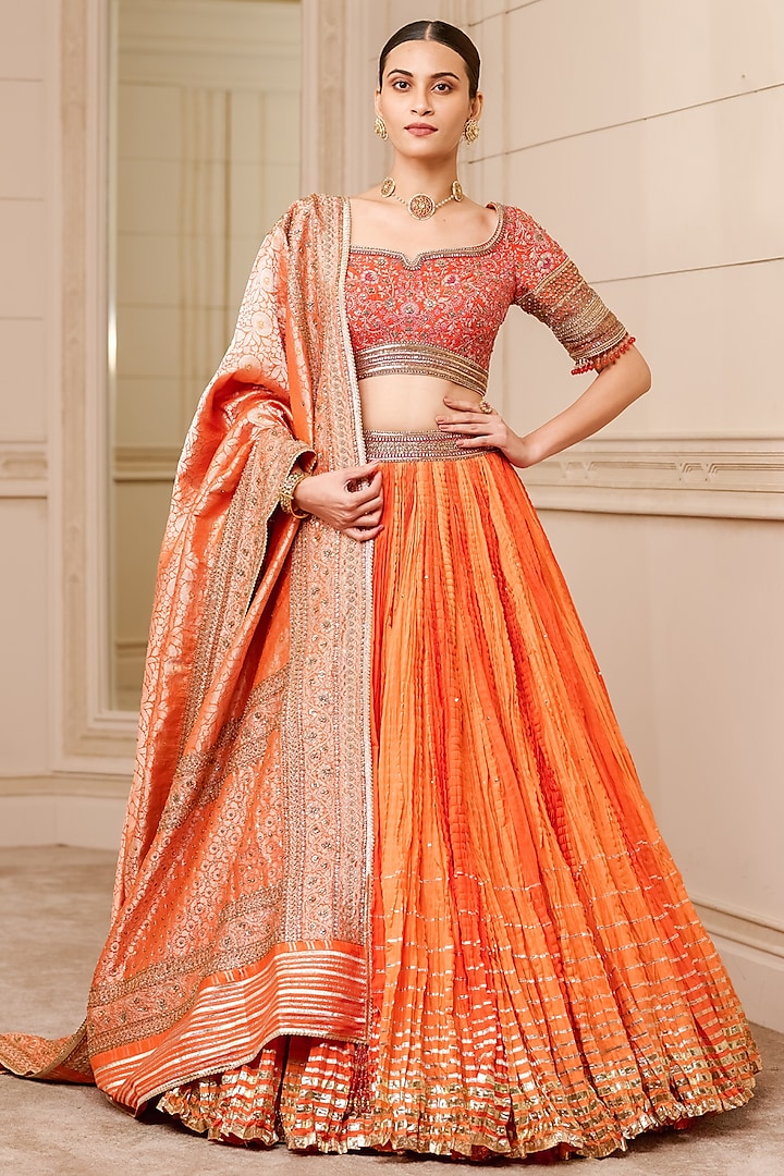 Orange Crushed Chanderi Bridal Lehenga Set by Tarun Tahiliani at Pernia's Pop Up Shop