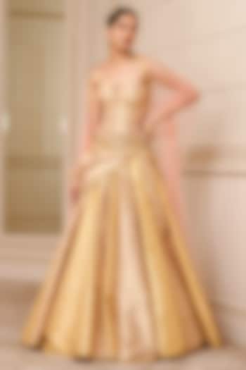 Multi-Colored Brocade Draped Lehenga Set by Tarun Tahiliani
