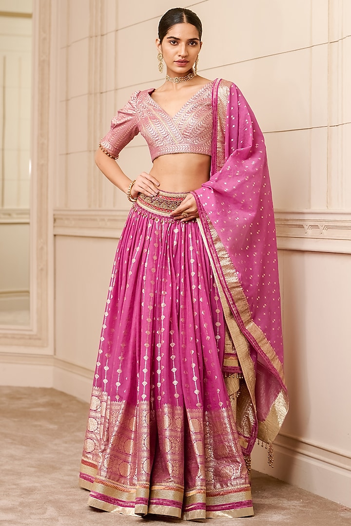 Fuchsia Chanderi Brocade Lehenga Set by Tarun Tahiliani