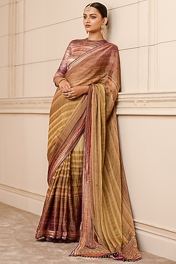 Wine Gold Georgette Zari Saree Set by Tarun Tahiliani