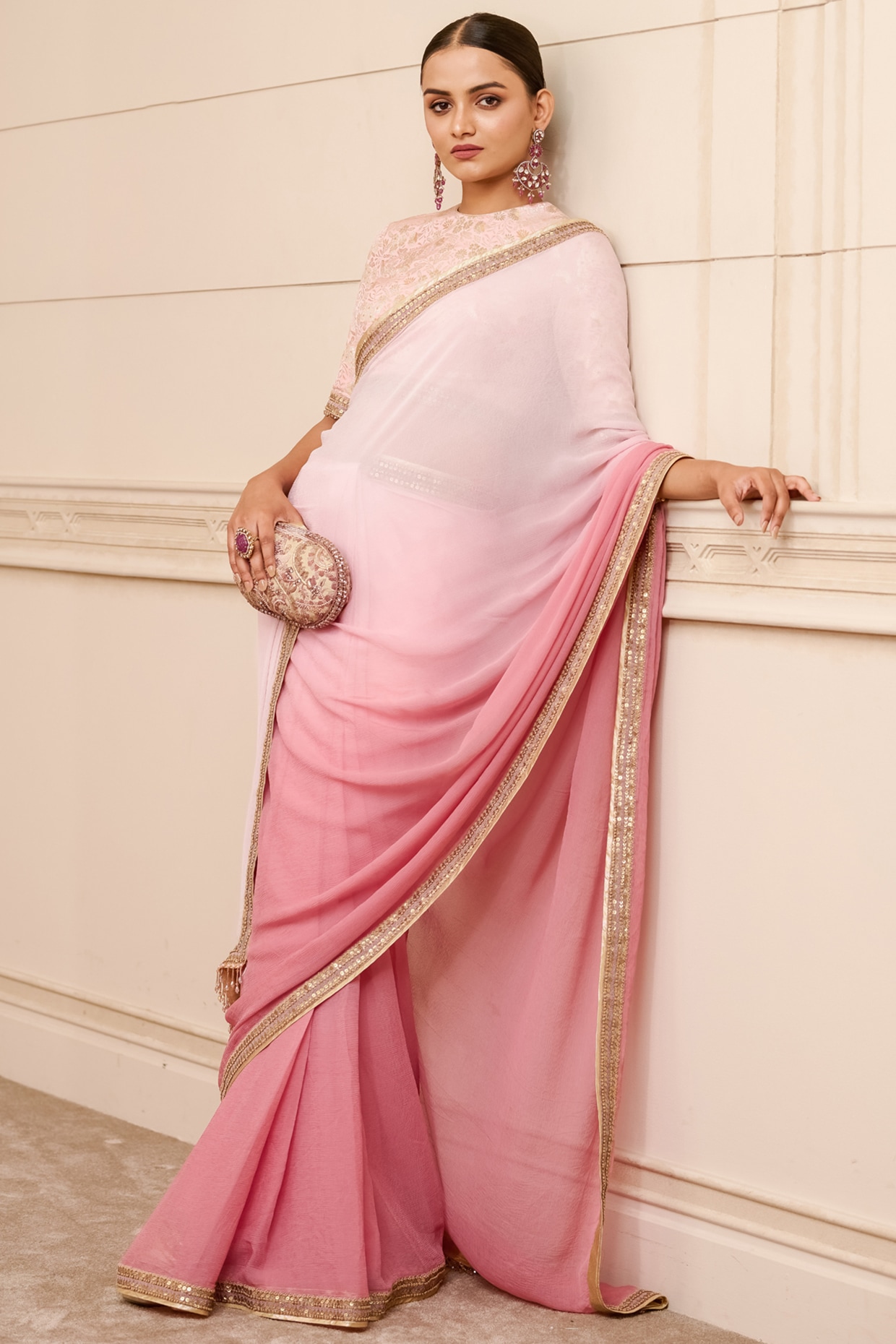 Light Pink Sleeveless Blouse With Lemon Yellow Chiffon Saree -