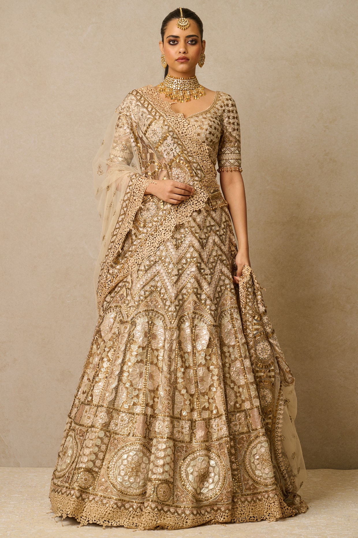 Chocolate brown unstitched net bridal lehenga, floral vine full-sequin  embroidered skirt, embroidered crop top & dupatta