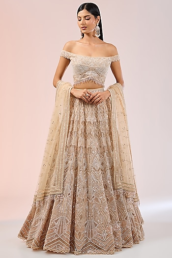 Old Rose Tulle Pearl & Sequins Embroidered Lehenga Set by Tarun Tahiliani