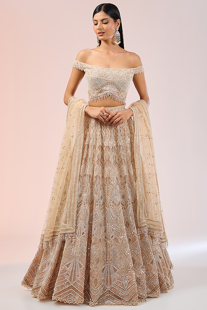 Old Rose Tulle Pearl & Sequins Embroidered Bridal Lehenga Set by Tarun Tahiliani at Pernia's Pop Up Shop