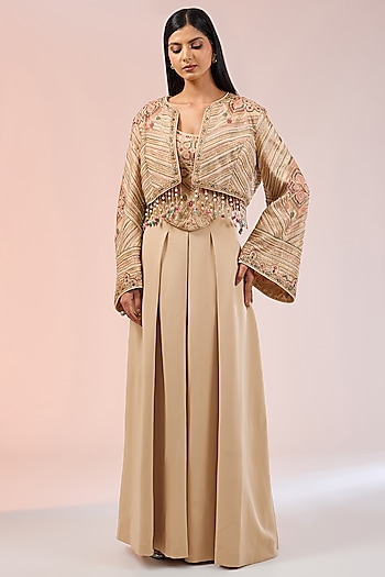 Champagne Silk Jacket Set by Tarun Tahiliani
