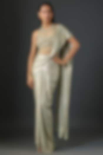 Sage Green Foil Jersey Hand Embroidered Concept Reception Saree Set by Tarun Tahiliani at Pernia's Pop Up Shop