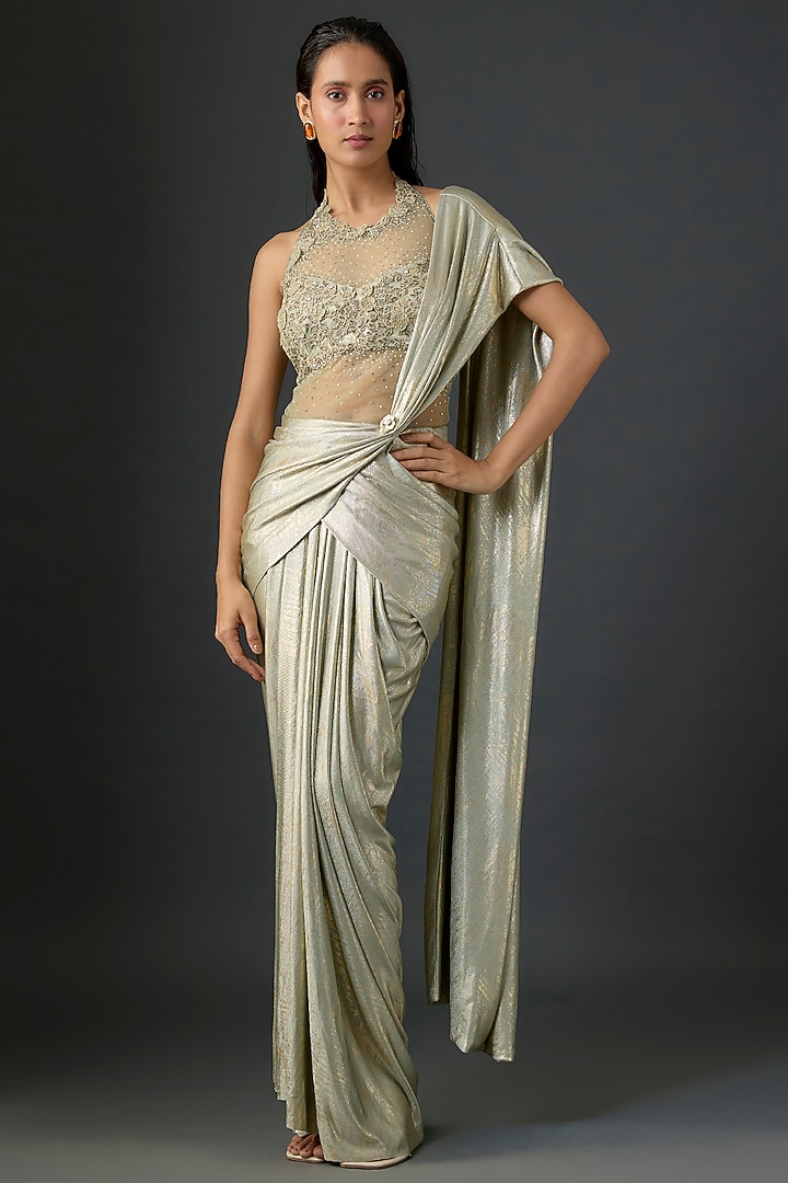 Sage Green Foil Jersey Hand Embroidered Concept Reception Saree Set by Tarun Tahiliani at Pernia's Pop Up Shop