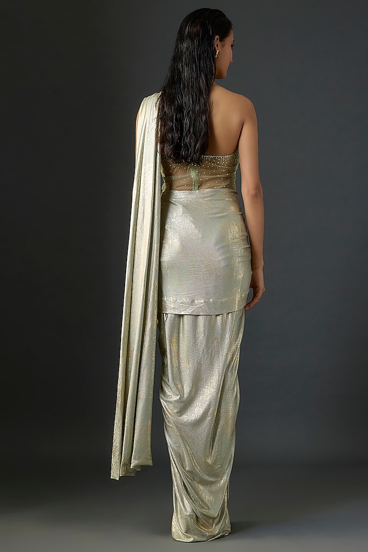 Sage Green Foil Jersey Hand Embroidered Concept Reception Saree Set by Tarun Tahiliani at Pernia's Pop Up Shop
