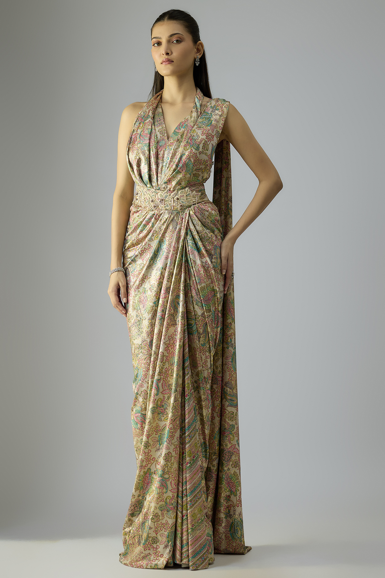 Multi-Colored Foil Jersey Printed & Hand Embroidered Concept Reception Saree Set by Tarun Tahiliani at Pernia's Pop Up Shop