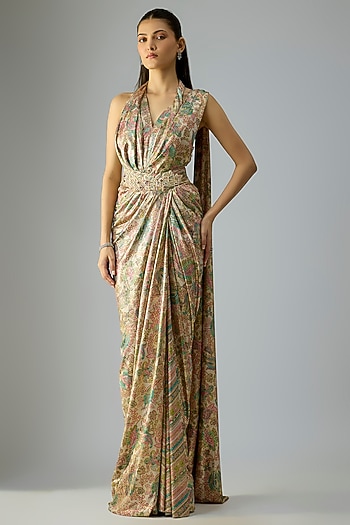 Multi-Colored Foil Jersey Printed & Hand Embroidered Concept Saree Set by Tarun Tahiliani