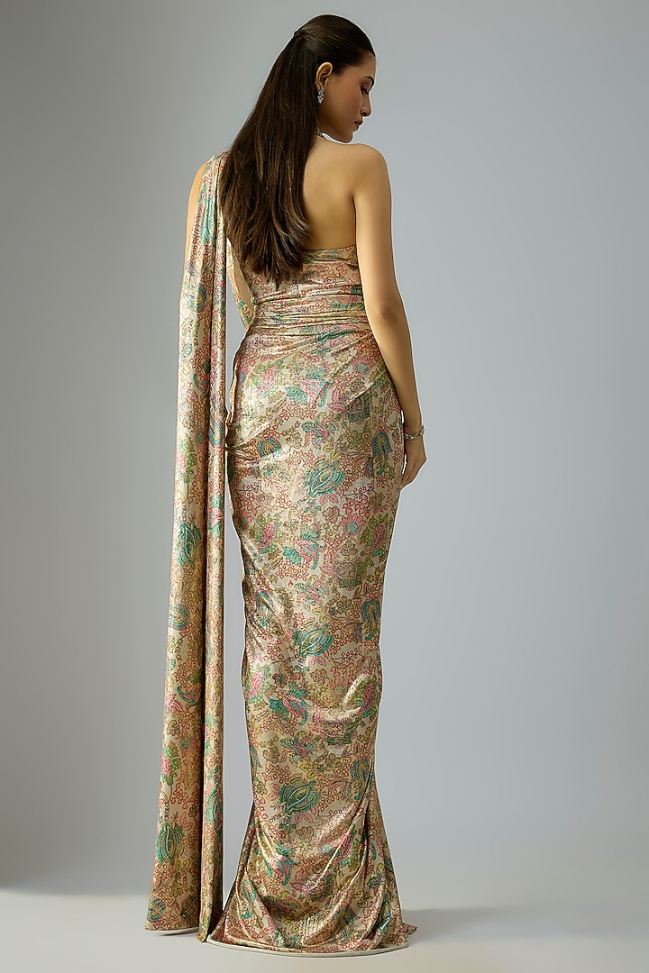 Multi-Colored Foil Jersey Printed & Hand Embroidered Concept Reception Saree Set by Tarun Tahiliani at Pernia's Pop Up Shop
