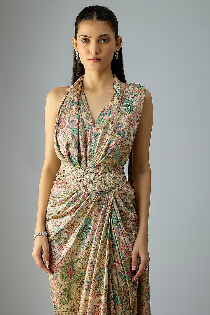 Multi-Colored Foil Jersey Printed & Hand Embroidered Concept Reception Saree Set by Tarun Tahiliani at Pernia's Pop Up Shop
