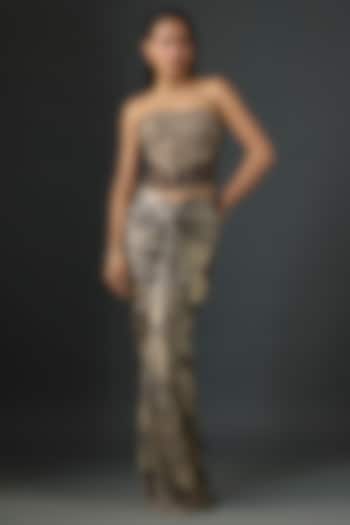 Black Foil Jersey Draped Skirt Set by Tarun Tahiliani at Pernia's Pop Up Shop