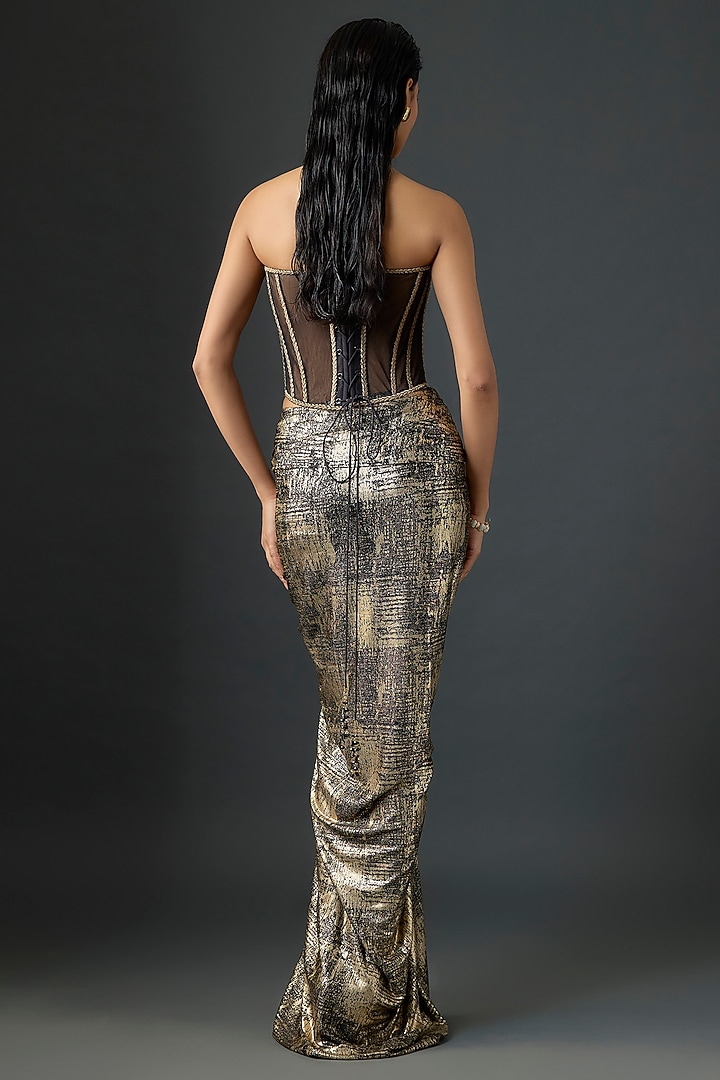 Black Foil Jersey Draped Skirt Set by Tarun Tahiliani at Pernia's Pop Up Shop