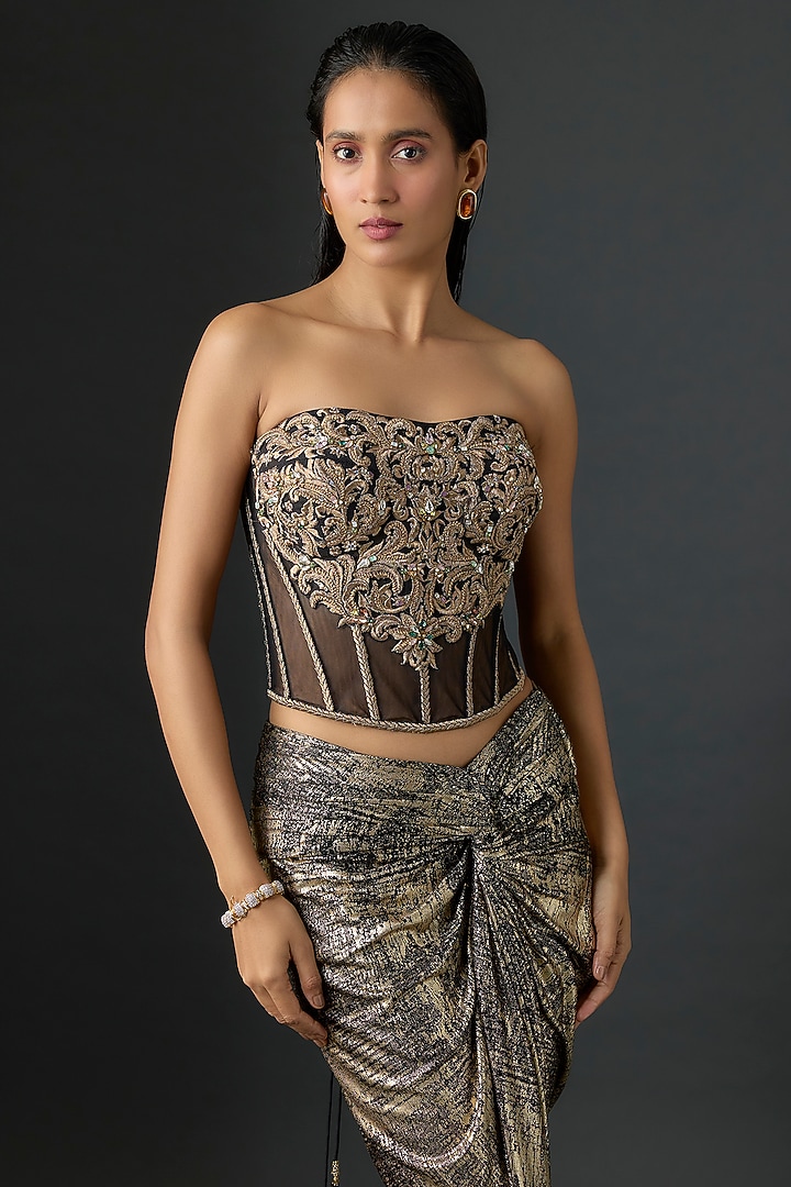 Black Foil Jersey Draped Skirt Set by Tarun Tahiliani at Pernia's Pop Up Shop