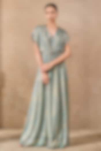 Turquoise Blue Foil Jersey Printed Jumpsuit by Tarun Tahiliani at Pernia's Pop Up Shop