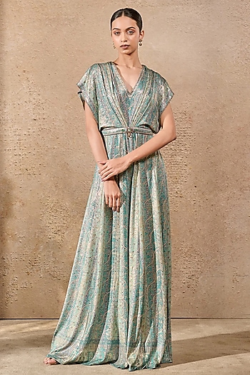Turquoise Blue Foil Jersey Printed Jumpsuit by Tarun Tahiliani